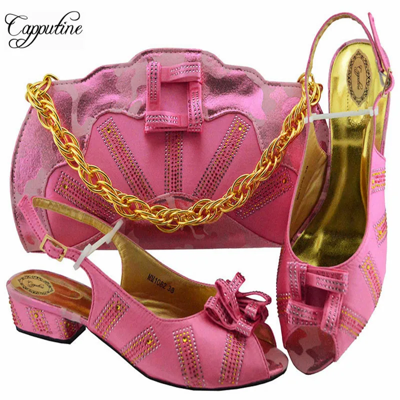 

Capputine New Arrival Rhinestone Woman Pink Color Shoes And Bags Set Italian Elegant Pumps 3.5CM Shoes And Bag Set For Party