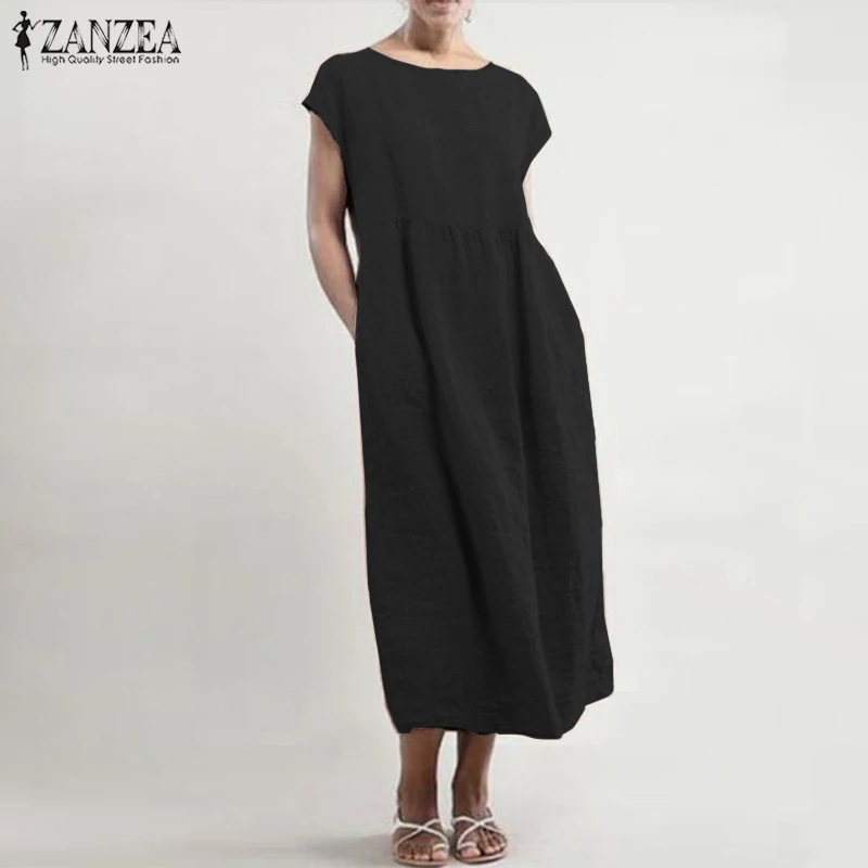 

Maxi Dress 2019 ZANZEA Women Summer Sundress Casual Solid Mid Calf Vestidos Cotton Linen Sleeveless Robe Longue Femme Plus Size