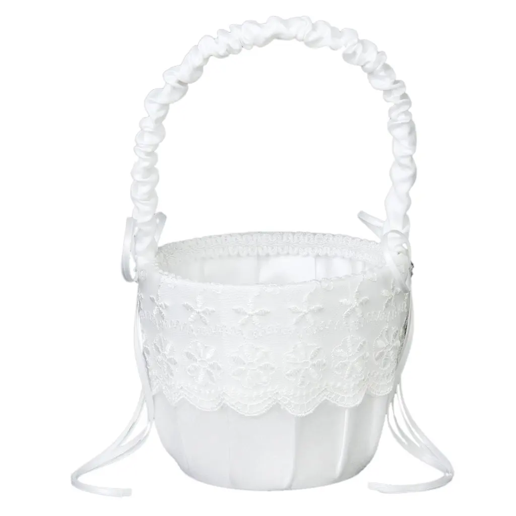 Атласная кружевная украшенная Свадебная Цветочная корзина для девочек --- белый