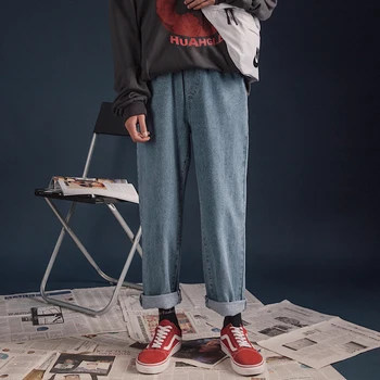 

2019 Men's Fashion Baggy Homme Jeans Casual Straight Elastic Waist Blue/black Pants Biker Denim Loose Male Trousers Size S-2XL