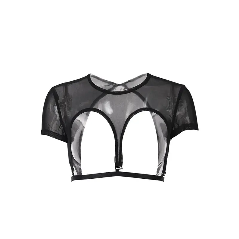 

Sexy Mesh Top Women Gothic Transparent Hollow Backless Tees Black Crop Tops Girl 2019 Streetwear Fashion Casual Summer Tee Shirt
