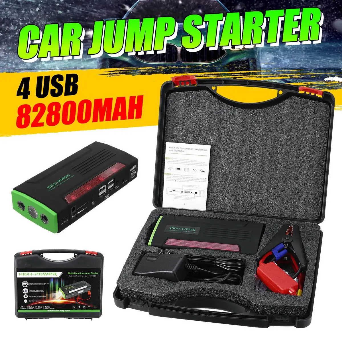 

Multi-Function Portable 12V Car Jump Starter 600APeak 82800mAh Battery Booster Power Bank For Car Charger 4 USB Port