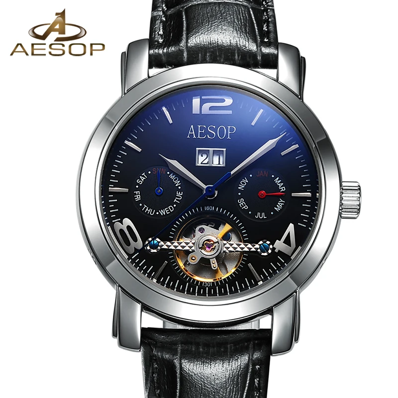 

Aesop Black Automatic Mechanical Men Watch Men Brand Leather Wrist Wristwatch Fashion Male Clock Relogio Masculino Hodinky 9978g