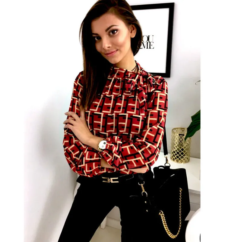Fashion Women Print OL Blouse Tops Ladies Long Sleeve Lace-up Loose Casual |