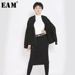 [EAM] 2019 весенние женские новые стильные однотонные черные с длинным рукавом и стоячим воротником на молнии, с завышенной талией короткие