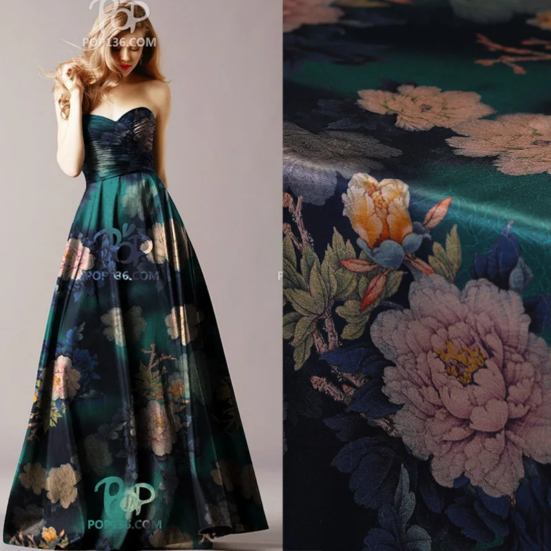 Пион цветы напечатанные стрейч атласная шелковая ткань платье-Ципао из мягкой ткани постельные принадлежности атласная шелковая ткань китайская шелковая ткань