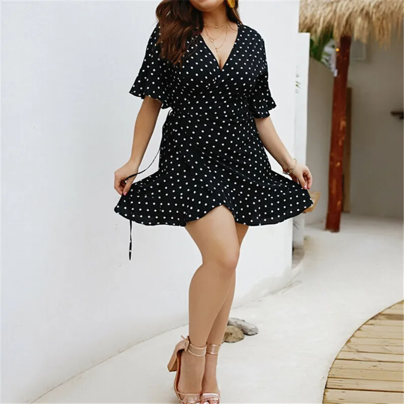 Women's Boho Plus Size Dress Chiffon Summer Short Sleeve Party Evening Beach Mini Polka Dot Printed Ruffles Sundress | Женская