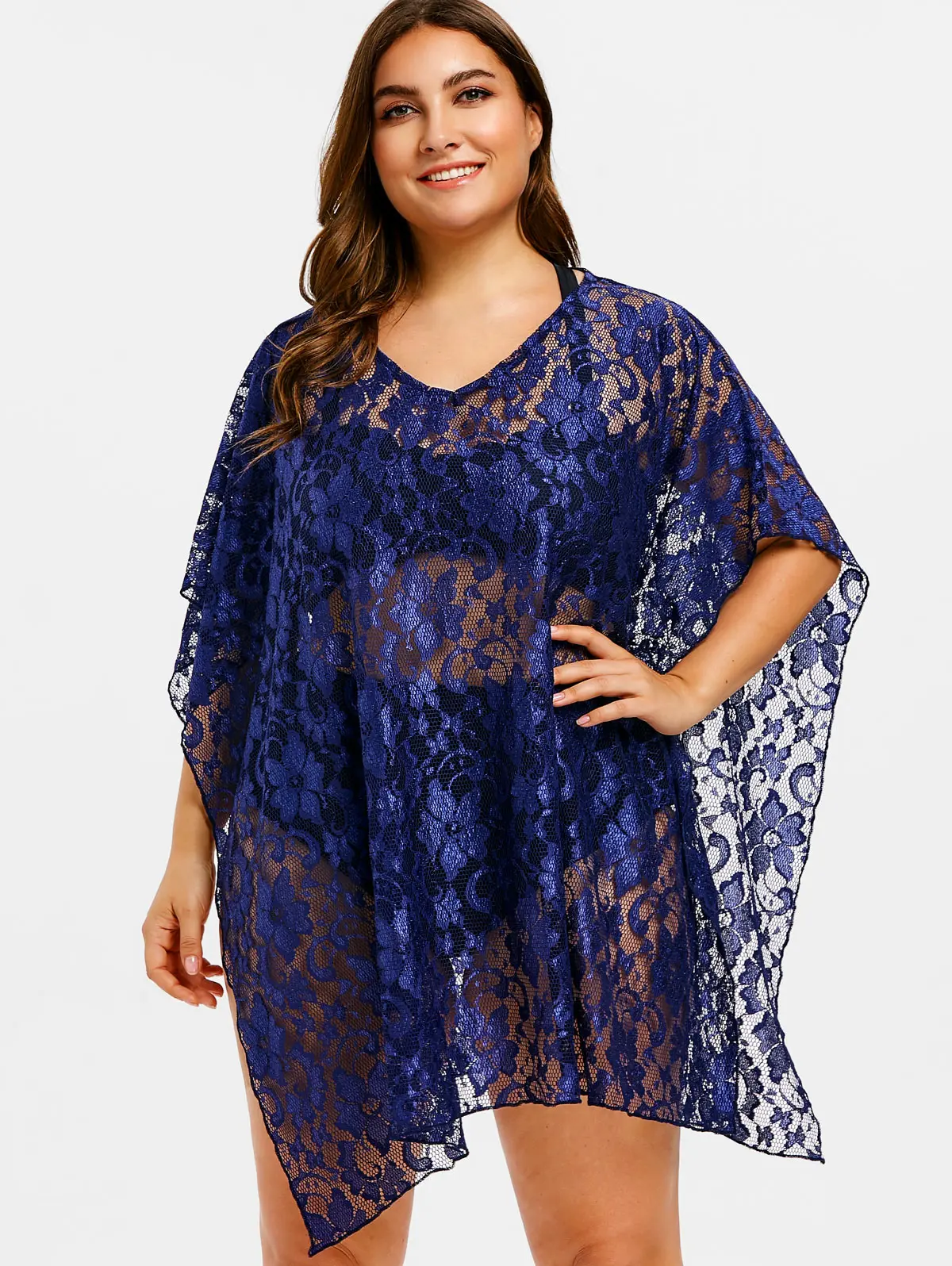 

Wipalo Women Fashion Plus Size Lace Cover Up Dress Cape Sleeves Solid Casual Summer Beach Cover Up Dress Ladies Swim Vestidos
