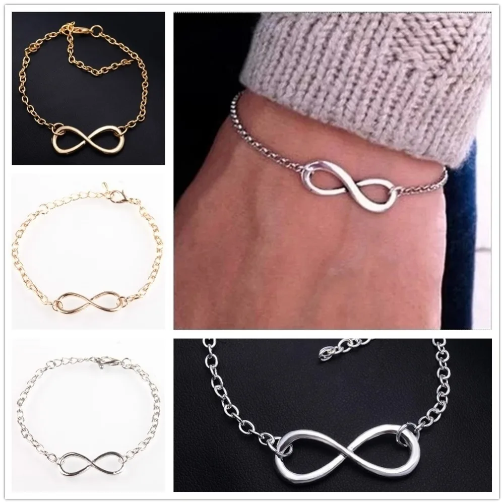 

Fashion Mens Womens Punk Style Infinite Chain Infinity Symbol Charm Bracelet Silver Gold Tone