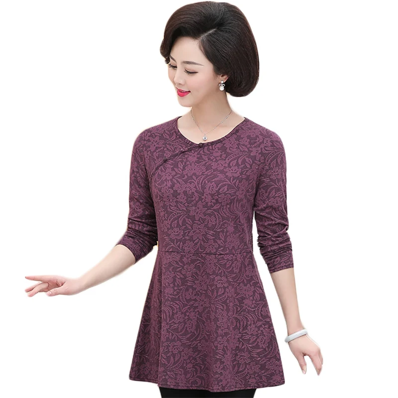 

Middle Aged Women Spring Long Sleeve Elegant Ladies O-neck Shirts Korean Fashion Casual Print Slim Tops Plus Size 5XL
