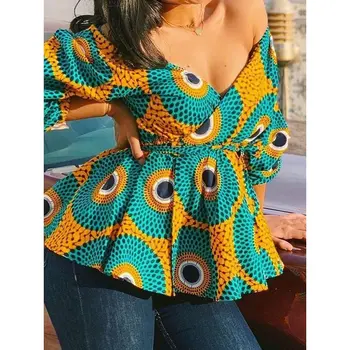 

Off Shoulder Blouse Women Stylish Print Sexy Deep V Beach Travel Boho Chic Summer Tops Ruffle Slim Holiday Casual Blouses Female