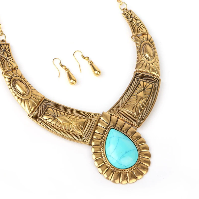 

Exaggerated Water Drops Beads Leaves Necklace Retro Statement Necklace Pendant Ladies Accessories Turquoise Pattern Clavicle C