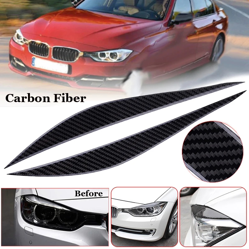 

2pcs 37*3.5cm Black Left+Right Car Cover Glossy Carbon Fiber Front Headlight Eyebrow Eyelid Cover trim For BMW F30 2013-2017