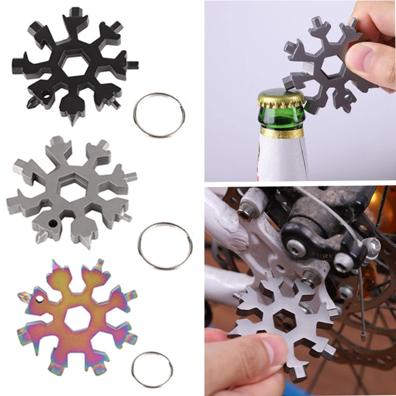 

18 in 1 multipurposer survive camp key ring pocket tool multifunction hike keyring outdoor snowflake multi spanne hex wrench