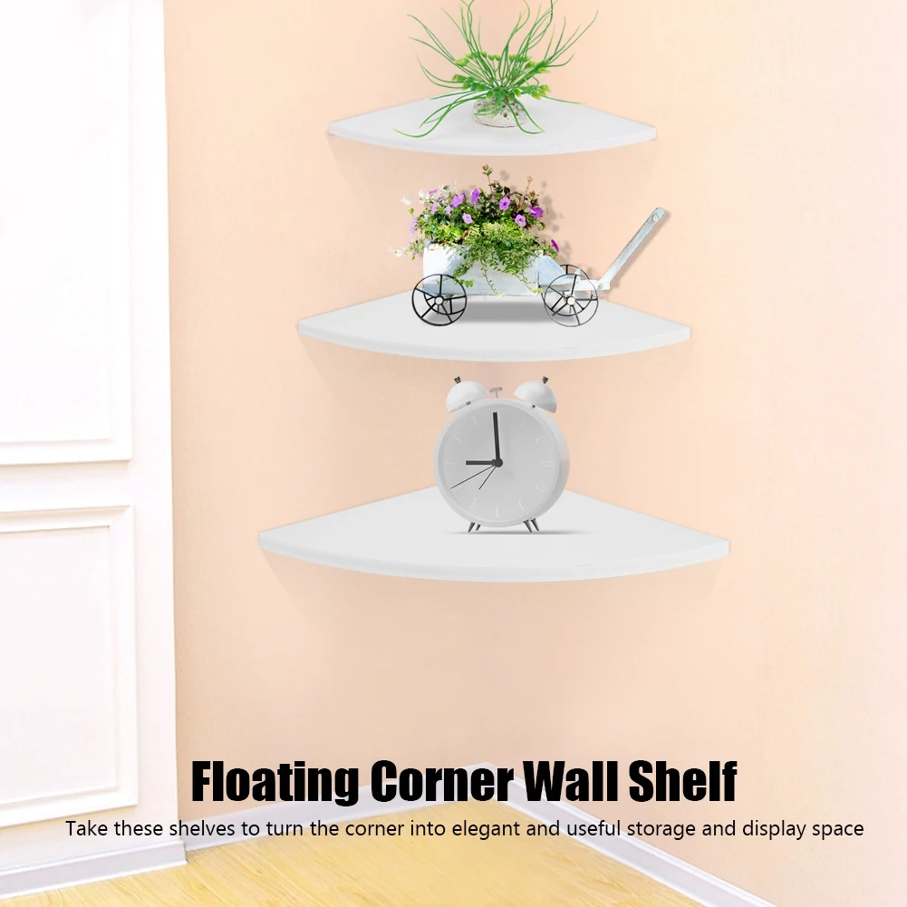 3Pcs Floating Corner Shelf Wall-Mounted Storage Rack Bookshelves Home Furniture Office Decor White