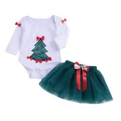 Рождественский комплект для маленьких девочек, хлопковый боди с длинными рукавами для новорожденных девочек, топы, юбка-пачка с бантом