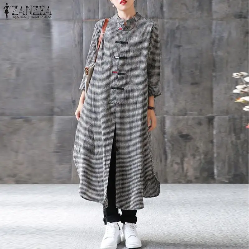 

2019 Women Maxi Long Dress ZANZEA Mandarin Collar Long Sleeve Vestido Casual Buttons Kaftan Robe Femme Plus Size Ladies Dresses
