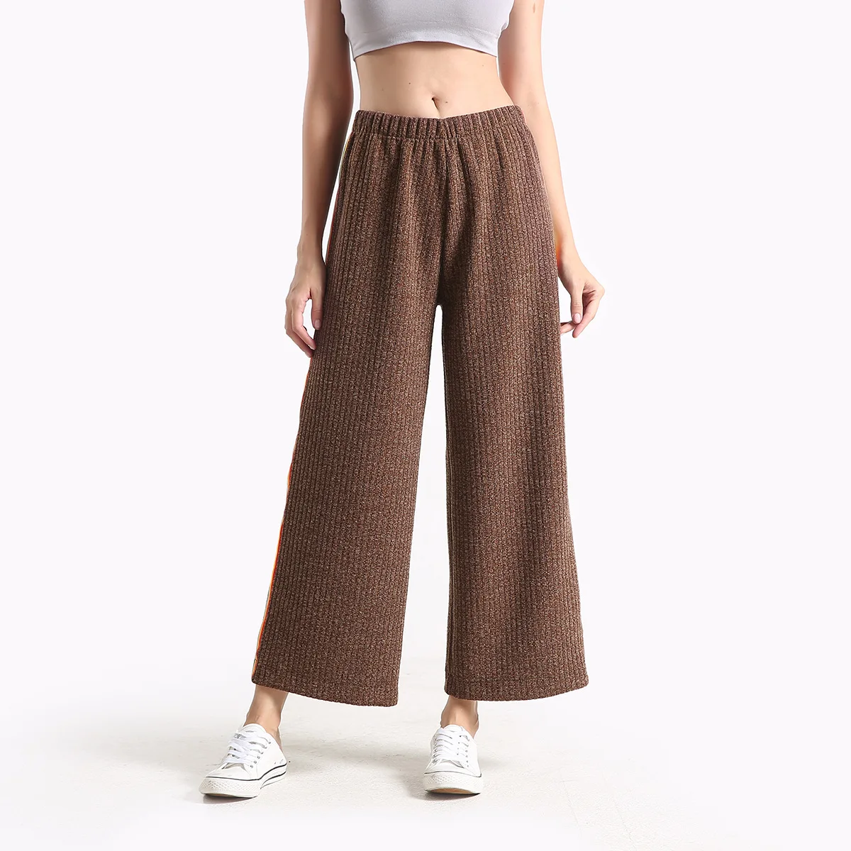 Autumn new knitted long pants women's wide leg trousers stripe pattern
