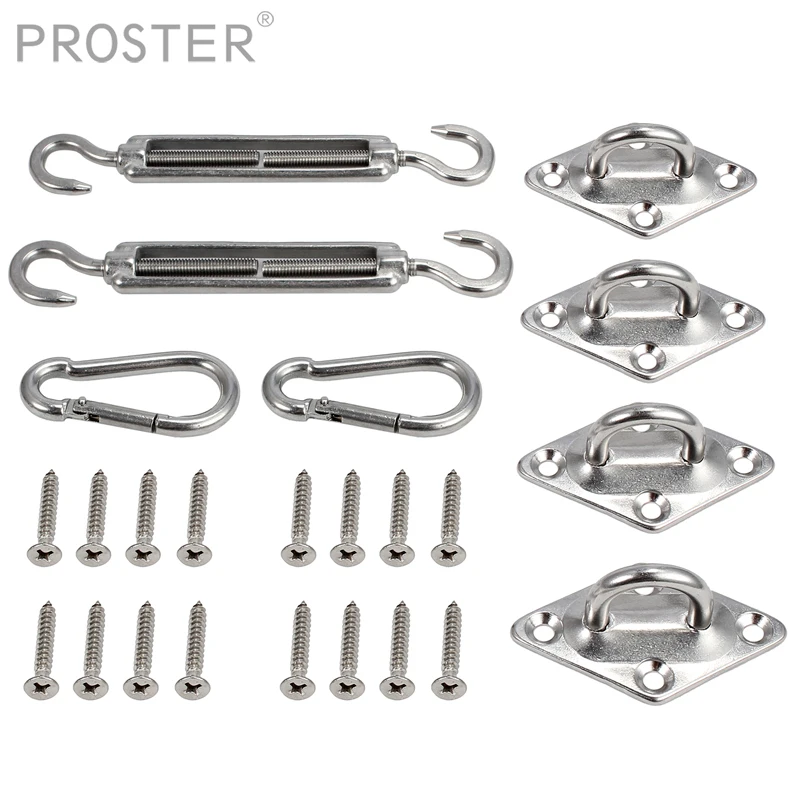 Proster 8 Pcs Stainless Steel Hardware Accessory Kit Sun Sail Shade Canopy Fixing Fittings Padeye turnbuckle snap hook Kit Set