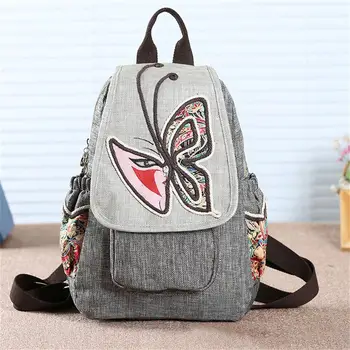 

Chinese Style Birds Butterfly Flowers Pattern Backpack For Ladies Girls PU Leather and Cotton Linen Handmade School Bookbag Bags