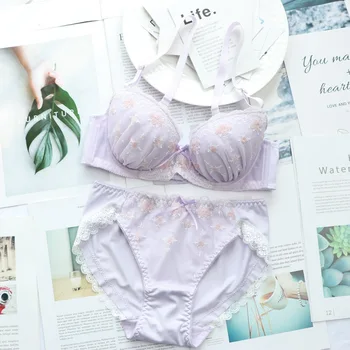 

YOURMIX Top Quality Voilet Roses Floral Embroidery Thin Cup bra and briefs Lolita Style Lingeria BCDE cup