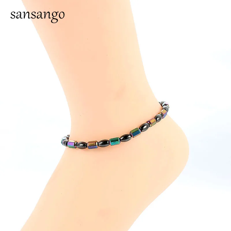 

Europe And The United States Popular Colorful Beaded Stone Magnetic Feet Colorful Magnet Hematite Stone Elastic Beaded Anklets