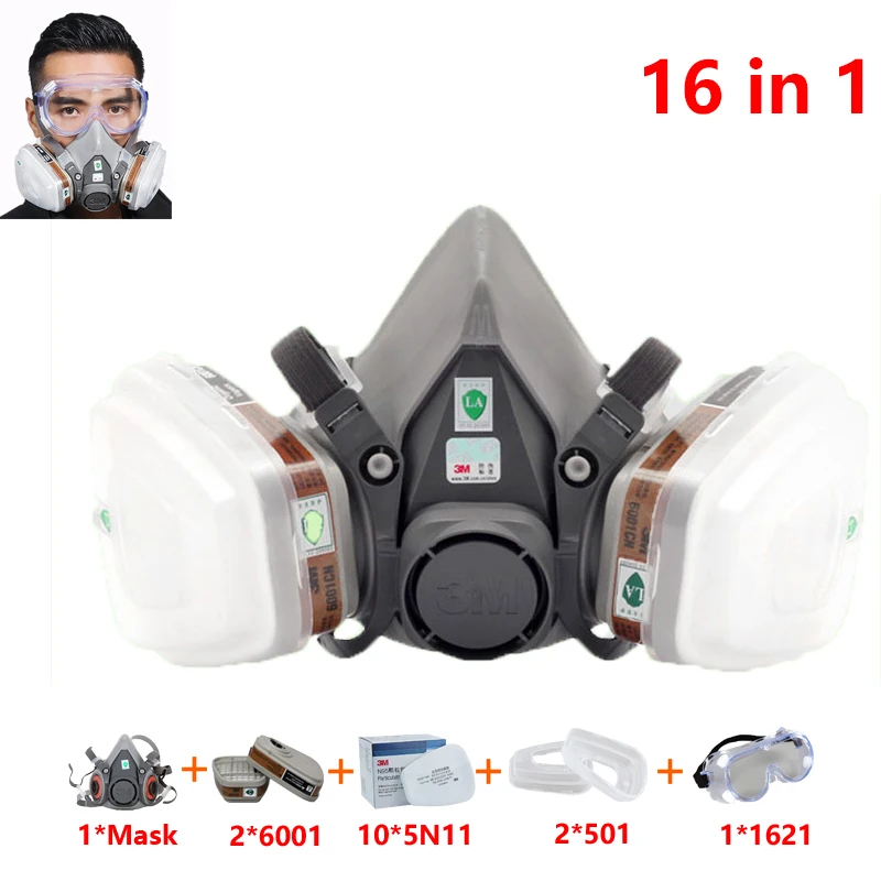 

16 In 1Suit 3M 6200 Half Face Painting Spraying Respirator Gas Mask Safety Work Filter Dust Mask 6001 filter PC Goggles