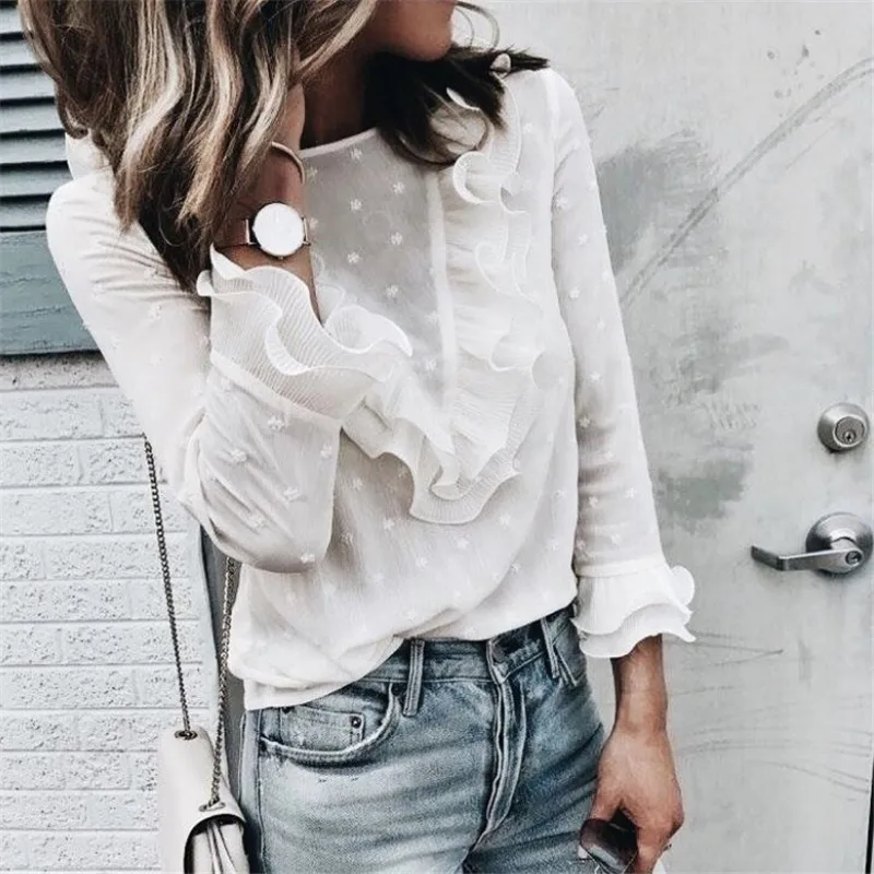 Women Ruffle Frill Long Sleeve Chiffon Blouse Ladies Early Autumn Loose White Office Shirt Fall Fashion Tops |