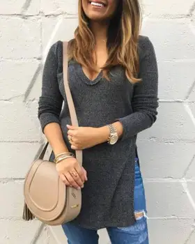 

Ladies Solid Jumper Sweater Casual Tops Women Autumn Sexy V-Neck Long Sleeve Knitted Pullover