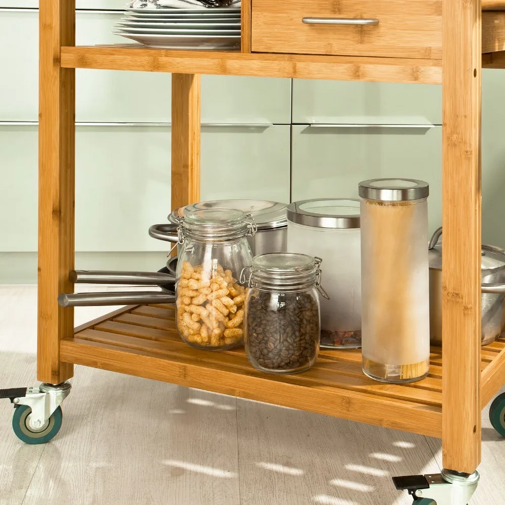 SoBuy FKW26-N Bamboo Storage Trolley Serving Trolley Kitchen Cart 2 Drawers and Shelves