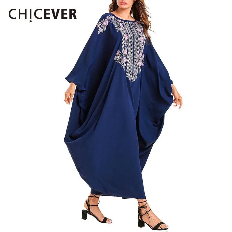 

CHICEVER Casual Spring Embroidery Print Women Blue Dress O Neck Batwing Sleeve Loose Oversize Ankle-length Bud Dresses 2019 New