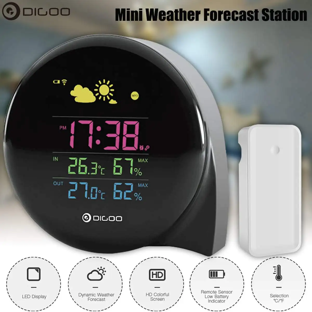 

DIGOO DG-THS02 Mini Comma LED Clock Weather Station + Outdoor Remote Sensor Snooze Clock Thermometer Temperature & Humidity