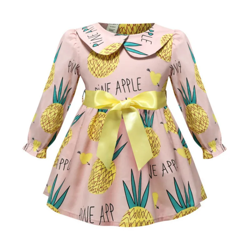 

2019 Autumn European And American Style Pineapple Printing Lapel Silk Ribbon Girl Long Sleeve Dress Pure Cotton Dress 3T-7 Year