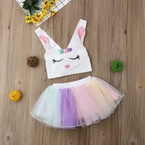 US Baby Girl Kid Rabbit Top Rainbow Skirt Fancy Tutu Dress Cosplay Costume Dress