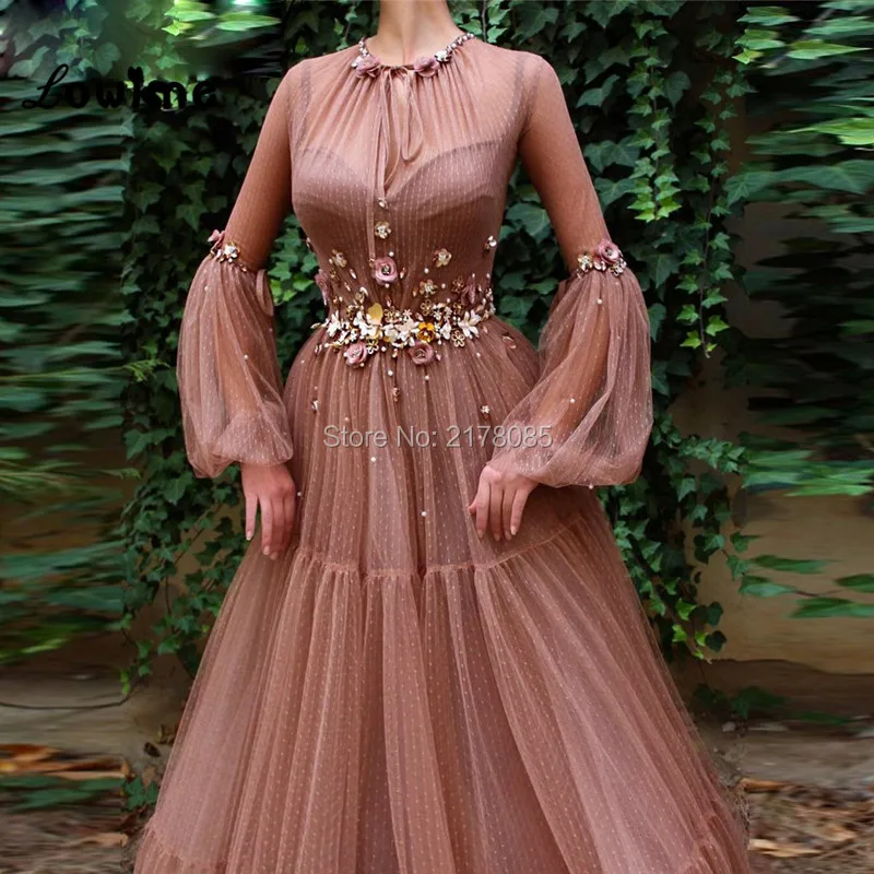 Blush Pink Evening Dresses Long Sleeves Arabic Party Gowns 2019 Vestido De Festa With Beaded Handmade Flowers Tulle Prom Dress Blush Pink Evening Dresses Long Sleeves Arabic Party Gowns 2019 Vestido De Festa With Beaded Handmade Flowers Tulle Prom Dress