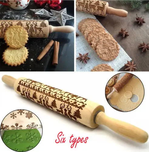 

Wooden Rolling Pin Embossing Baking Cookies Noodle Biscuit Fondant Christmas