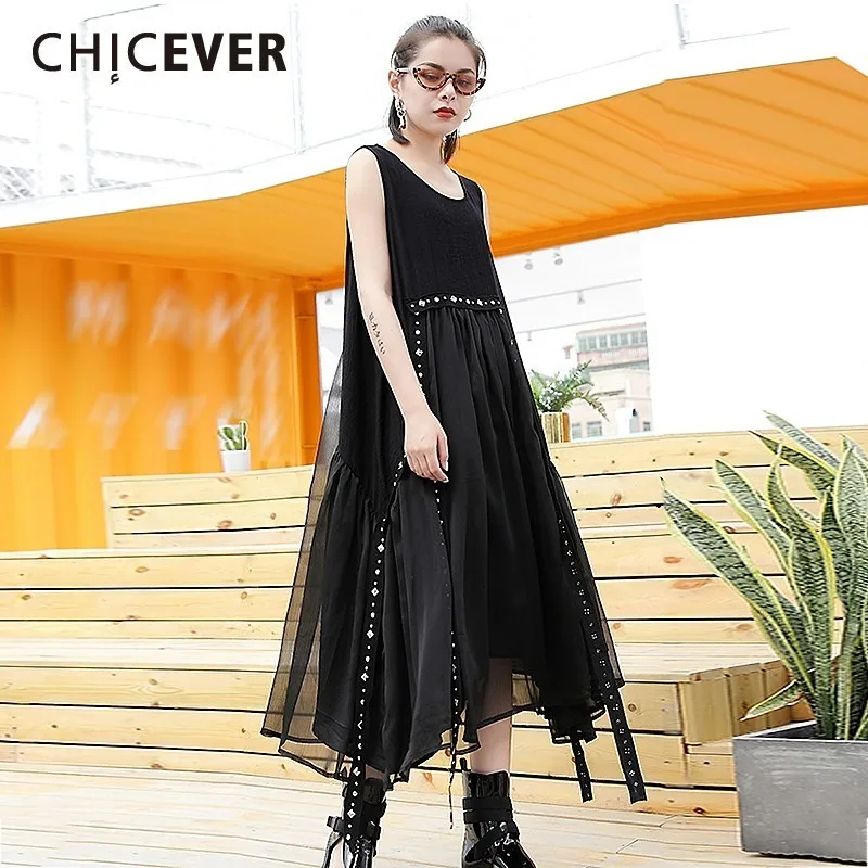 CHICEVER летнее лоскутное шифоновое платье с лентами и заклепками на бретелях