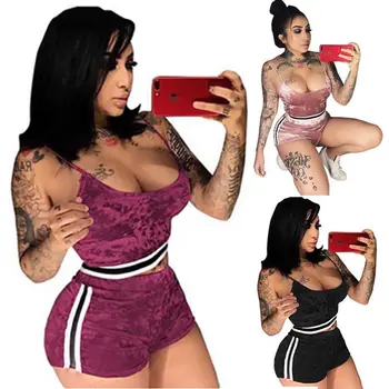 

Summer Fashion Women 2 Piece Outfits Sets Sexy Deep V Female Crop Top+Shorts Casual Velvet Sports Ladies Sets Clothes