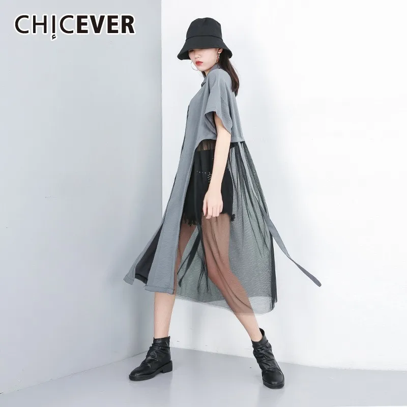 

CHICEVER Summer Patchwork Mesh Women Dress lapel Half Sleeve Button Pockets Loose Slim Knee Length Dresses 2019 Fashion New