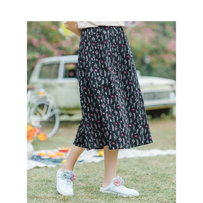 

INMAN 2019 Summer New Arrival High Waist Slim Literary Floral Retro Pastoral Style Medium A-line Women Skirt