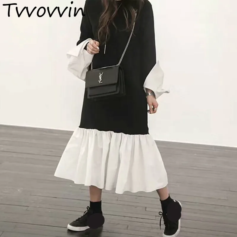 

TVVOVVIN 2019 Autumn Winter New Korea Flare Patchwork Long Full Sleeve Loose Casual Fold Irregular Women Dress Z356