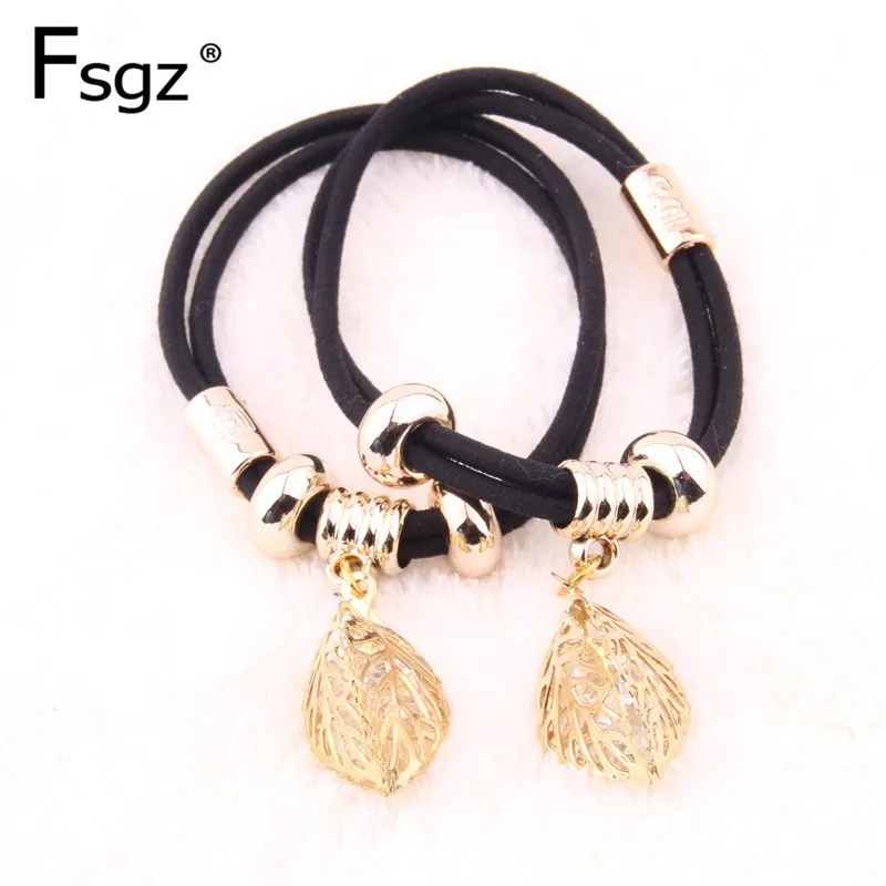 

Thicken Gums For Hair Crystal Leaf Type Metal Charm Beads Elastic Hair Bands Double Lines Rubber Bands Black Hair Ties Access