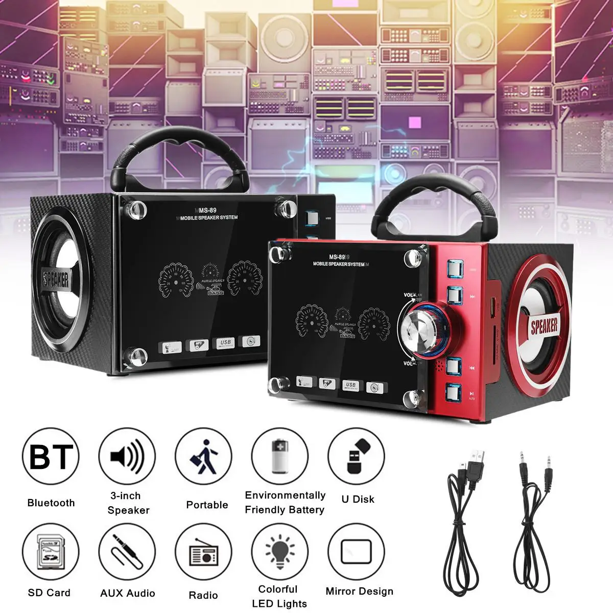 

Wooden Speaker DC 5V 8GB 5W Portable 4.1 bluetooth Dynamic LED Wireless HIFI Stereo Digital Display FM Radio With Mic MP3