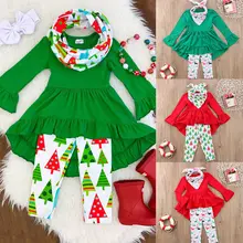 Коллекция года, фирменная детская одежда для девочек Рождественский спортивный костюм расклешенный топ+ штаны с рождественской елкой, комплект с платьем, осенний комплект От 2 до 7 лет