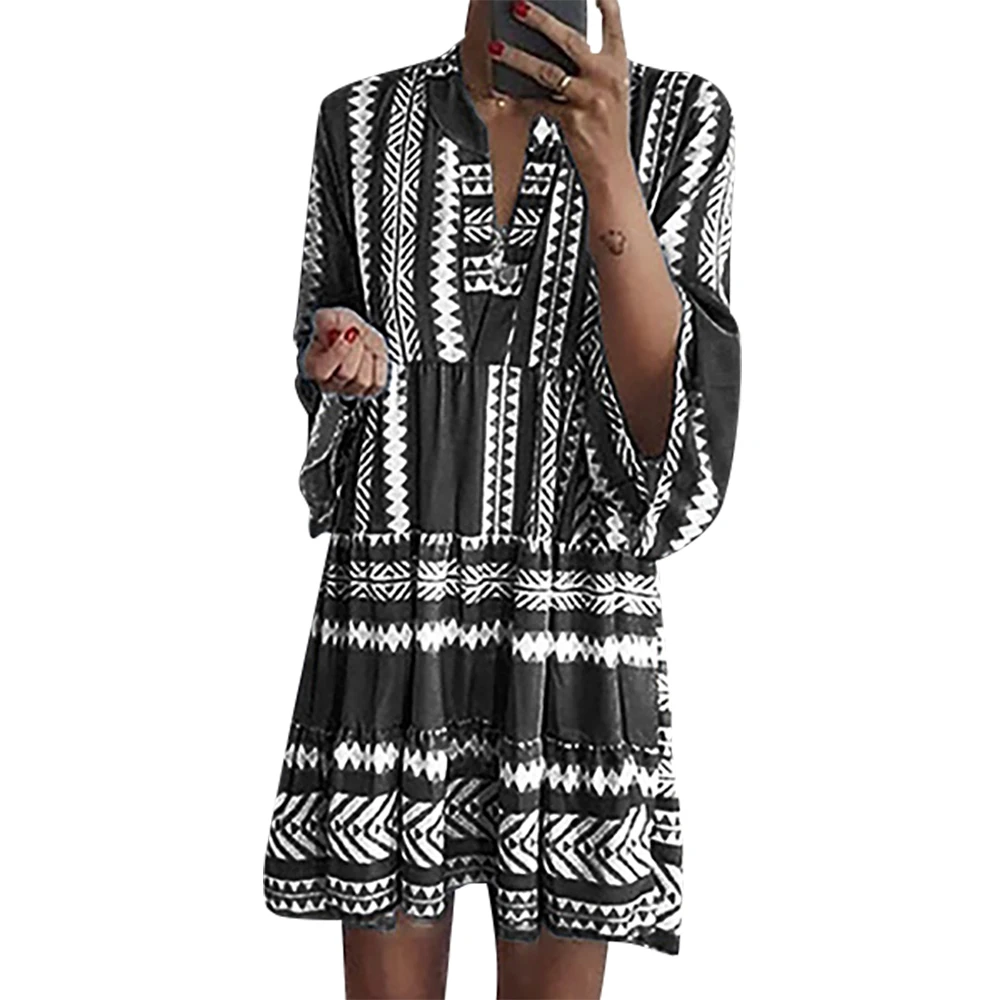 

Dress Vintage Bohemian Print V-Neck 3/4 Sleeve Plus Size Women Dress 2019 Summer Beach Loose Boho Dress Modis vestidos 5XL D40