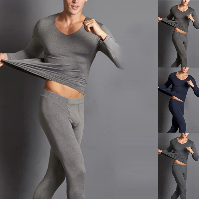 Men Thermal Underwear Sets Tops And Pants Long Sleeve Solid Soft Slim