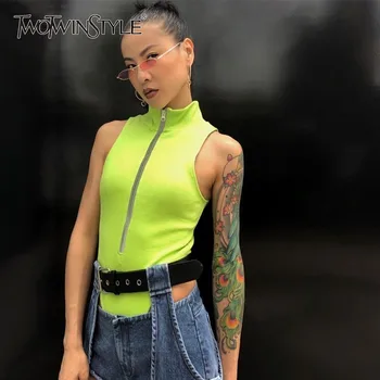 

TWOTWINSTYLE Off Shoulder Zipper Sexy Bodysuits Women Sleeveless Slim Fit High Waist Female Pants Fashion Summer 2020 Tide New