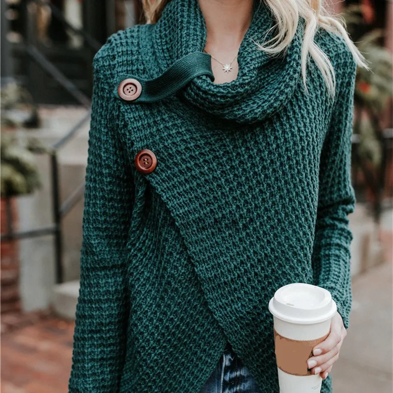 Осень для женщин вязаный свитер пуговицы свободные топы корректирующие зима теплый Высокий воротник нерегулярные свитеры для