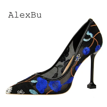 

AlexBu 2019 New Shoes Woman High Heels Luxury Brand Italian Female Shoes Mesh Summer Classic Flower Women Shoes Thin Heels Pumps