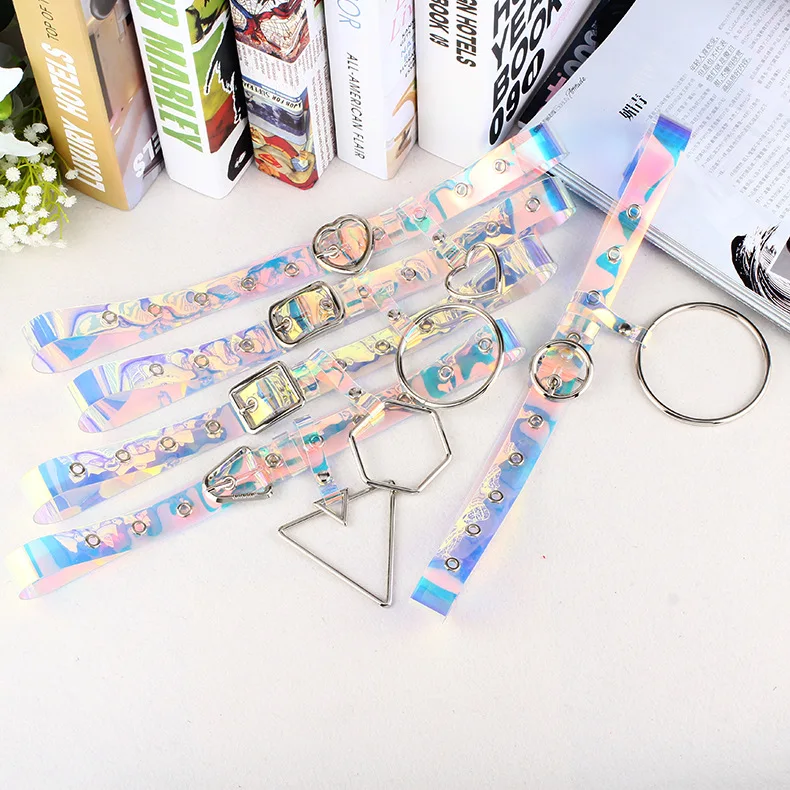 

Fashion Designer Transparent Laser PVC Belts for Women Silver Color Metal Heart Square Circle Pin Buckle Decoration Waist Belt